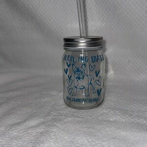 Custom Designed BlueFrench Bulldog Glass Mason Jar with Straw- New Without Tags
